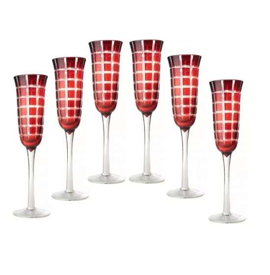 НАБОР БОКАЛОВ ПОД ШАМПАНСКОЕ 6 ШТ., Д6,4х В24 см., КРАСНОЕ СТЕКЛО, РУЧНАЯ РАБОТА